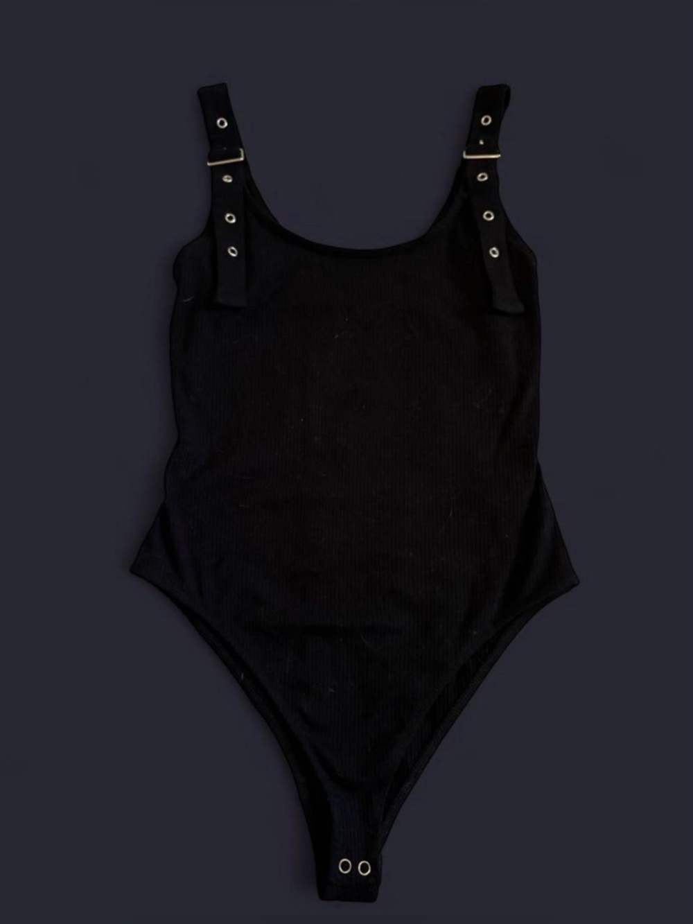 Forever 21 Black Ribbed Snap-Front Bodysuit with Buckle Straps